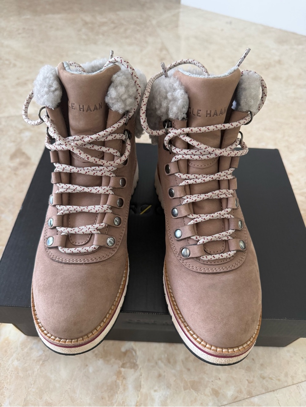 Cole Haan ZeroGrand Taupe Lace-Up Shearling-Trim Hiking Boots